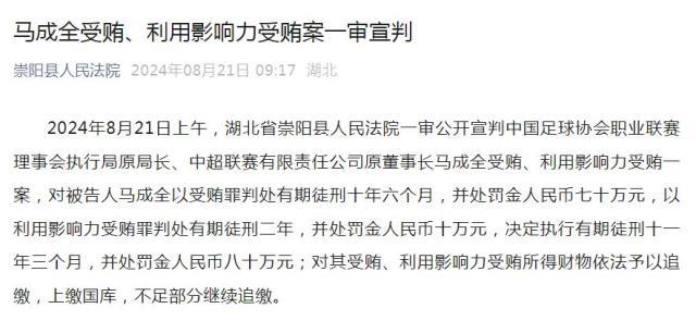 中超原董事长马成全获刑11年3个月 并处罚金80万